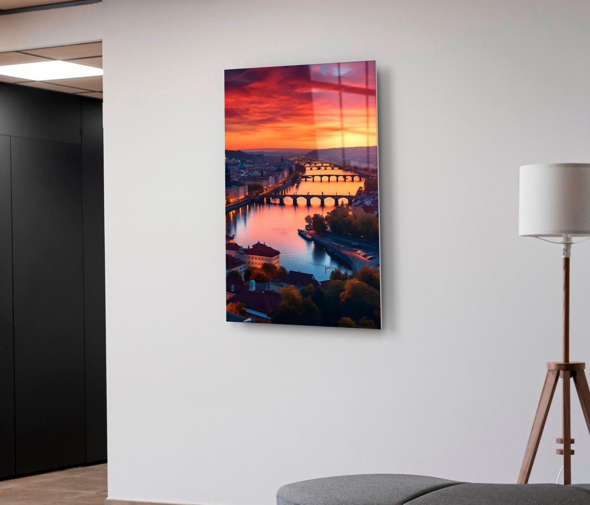 Sunset Over River Bridges Glass Wall Art on the wall