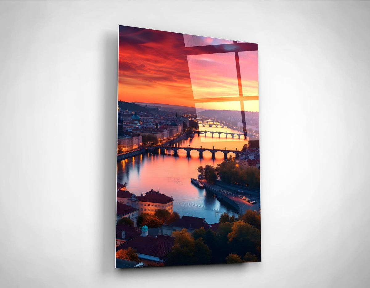 Sunset Over River Bridges Glass Wall Art close-up