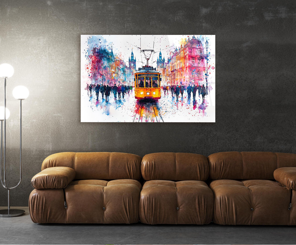 Watercolor Yellow Tram City Glass Wall Art in a living room interior