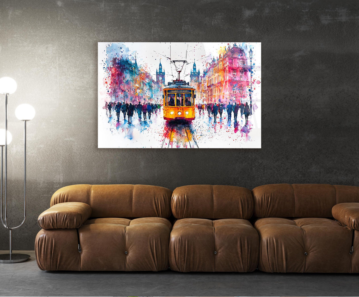 Watercolor Yellow Tram City Glass Wall Art in a living room interior