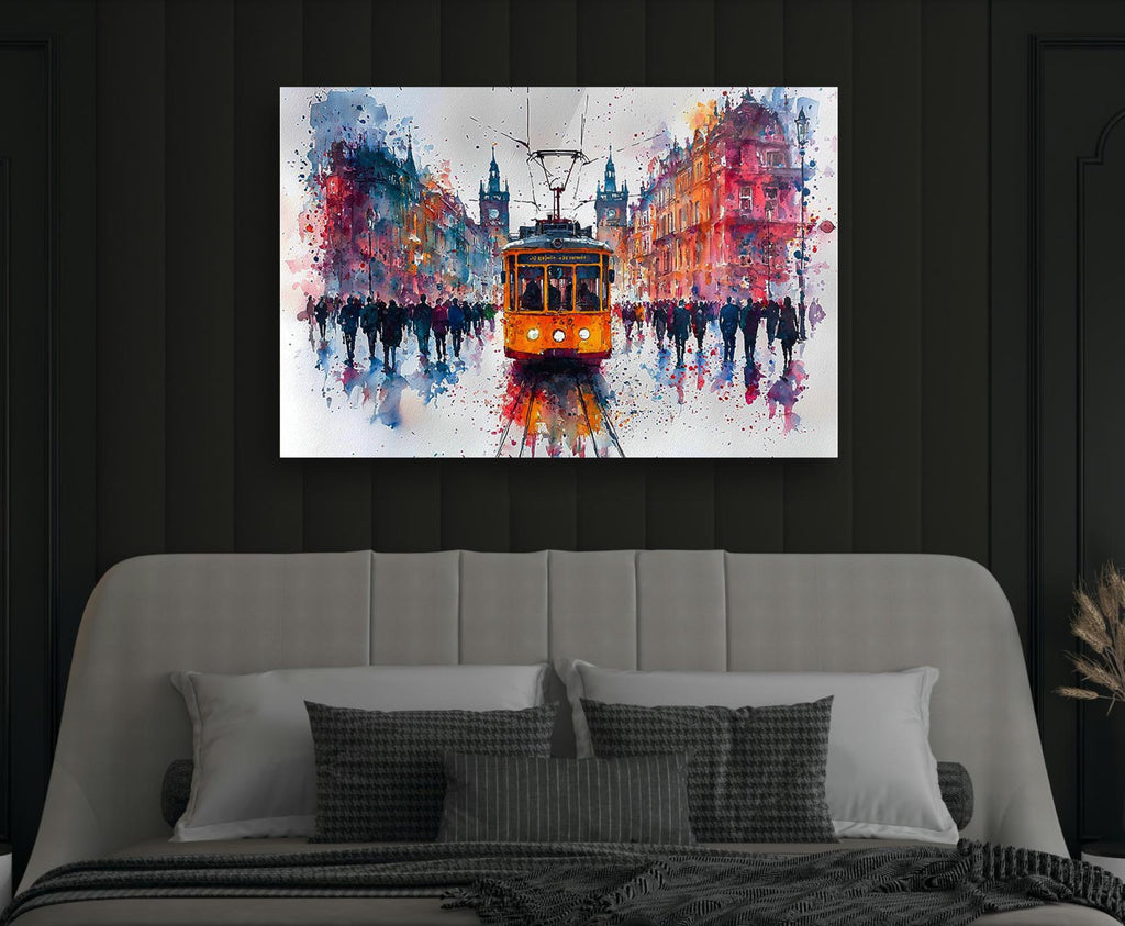 Watercolor Yellow Tram City Glass Wall Art in a modern interior