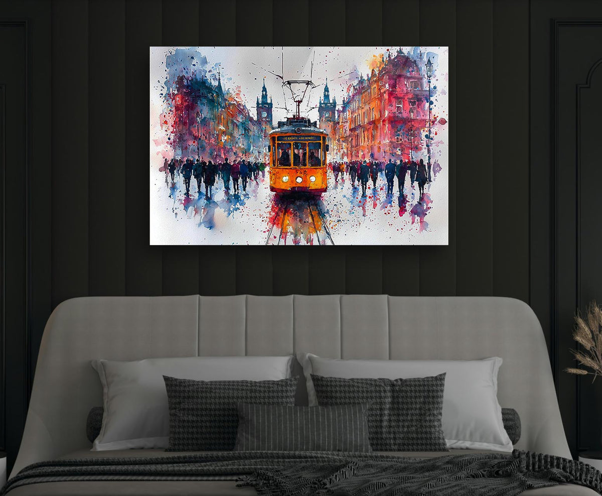 Watercolor Yellow Tram City Glass Wall Art in a modern interior