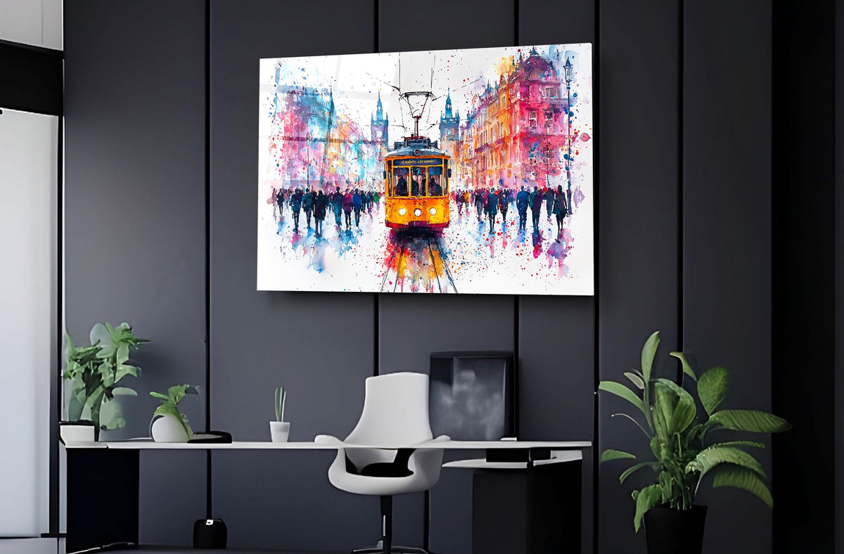 Watercolor Yellow Tram City Glass Wall Art on the wall