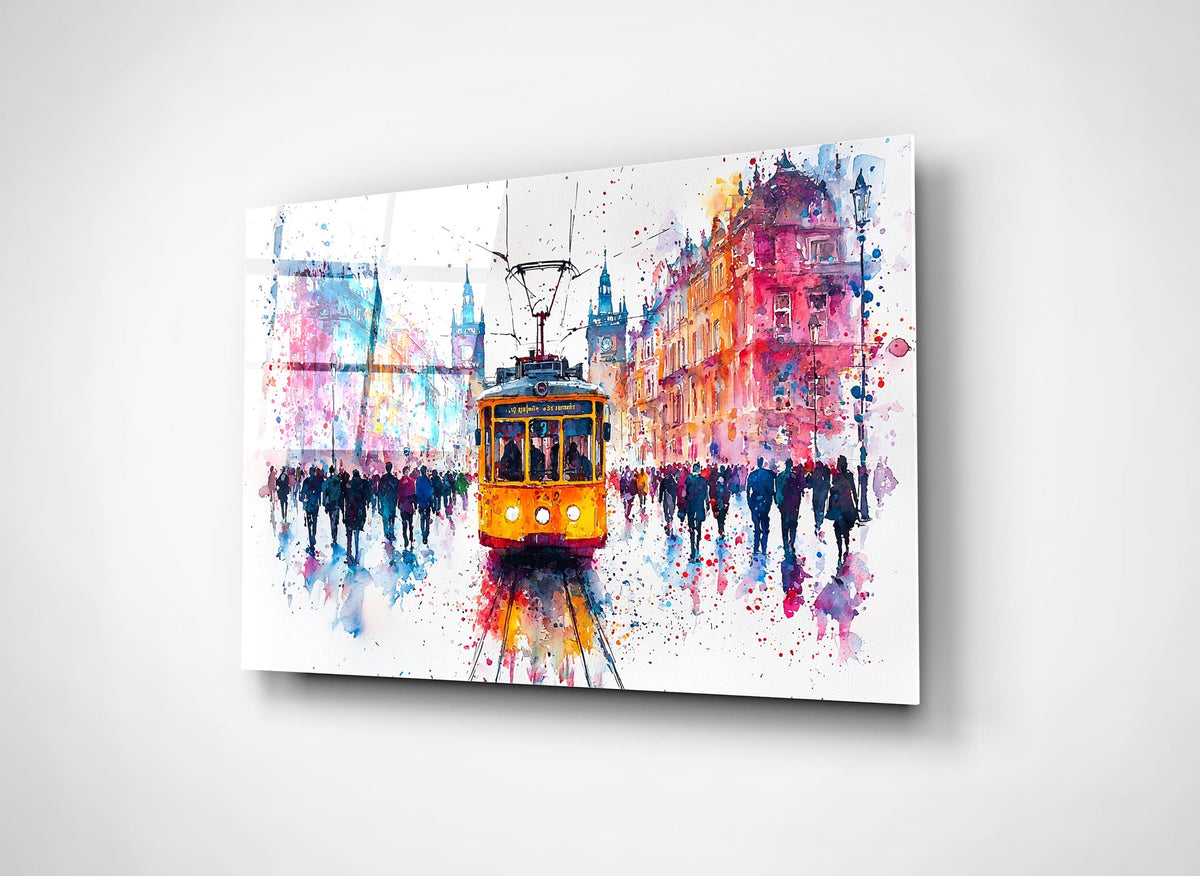 Watercolor Yellow Tram City Glass Wall Art close-up