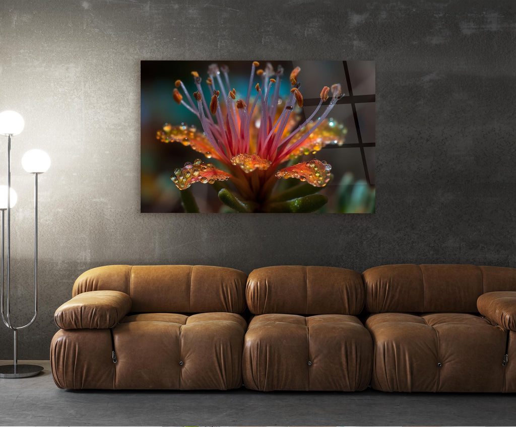 Dew-Kissed Exotic Flower Macro Glass Wall Art in a living room interior