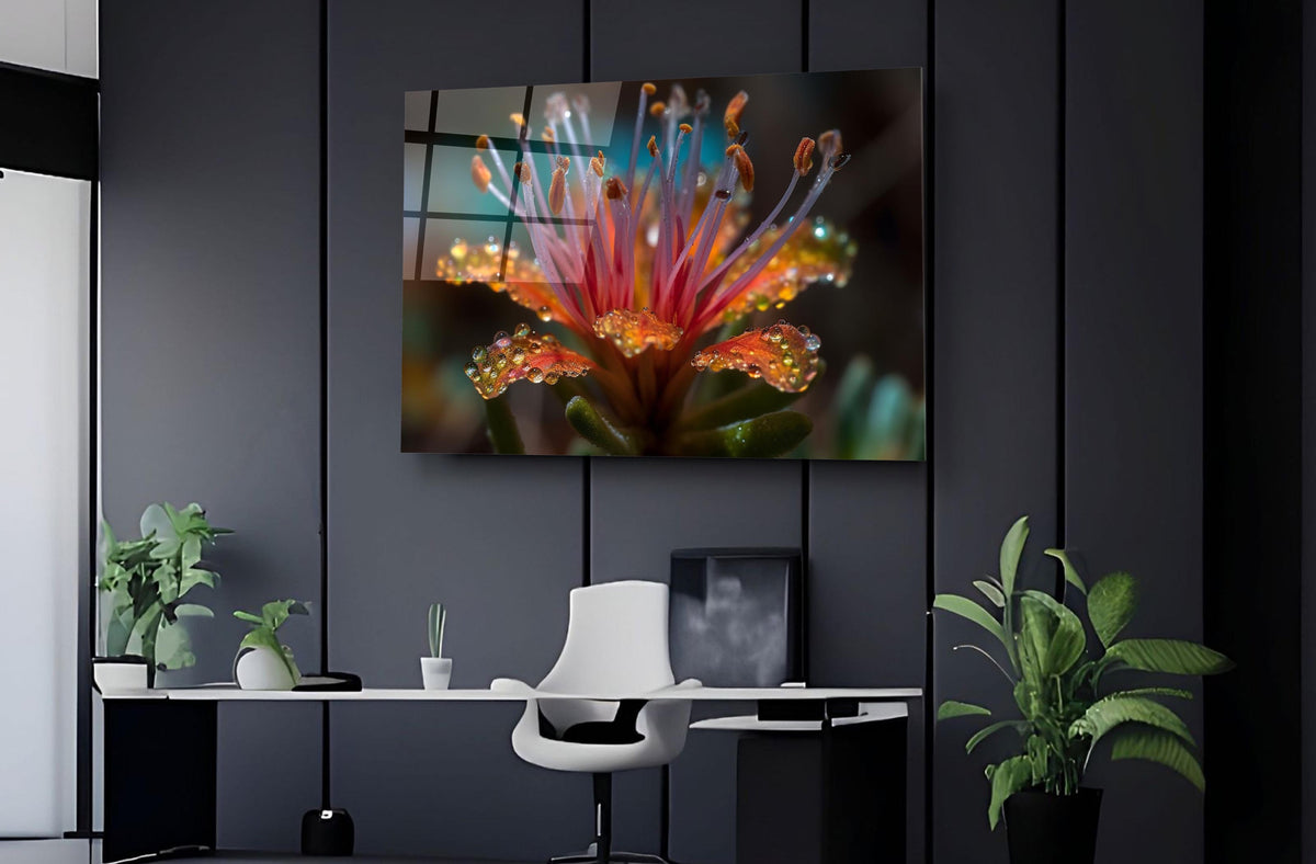 Dew-Kissed Exotic Flower Macro Glass Wall Art on the wall