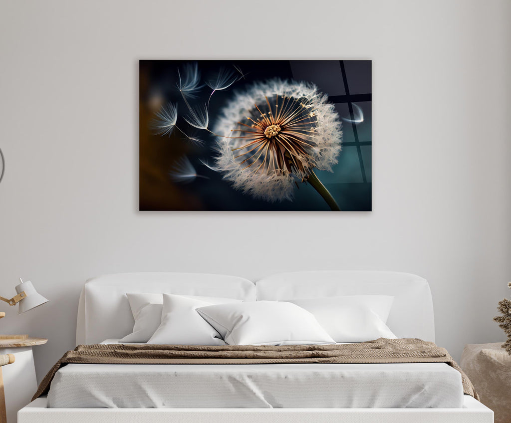 Dandelion Seeds in the Wind Glass Wall Art in a living room interior