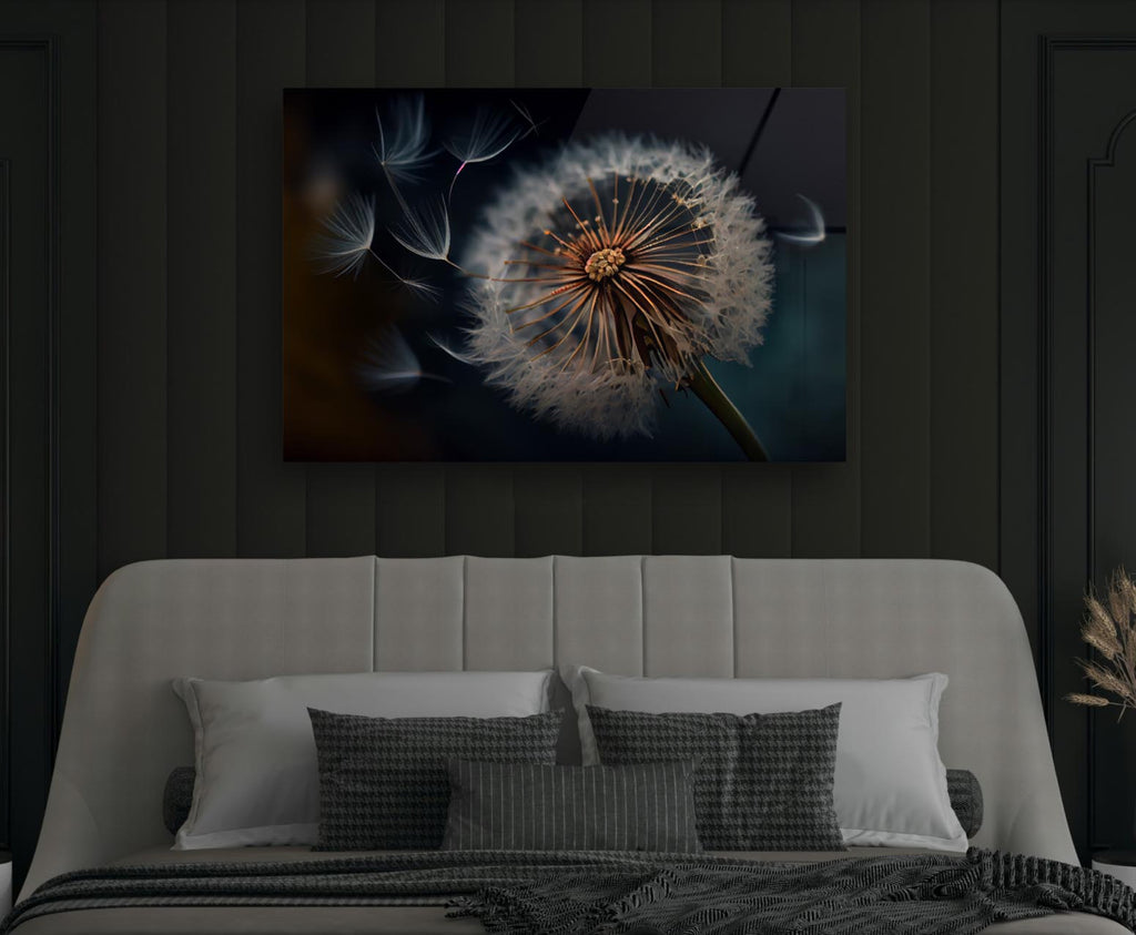 Dandelion Seeds in the Wind Glass Wall Art in a modern interior
