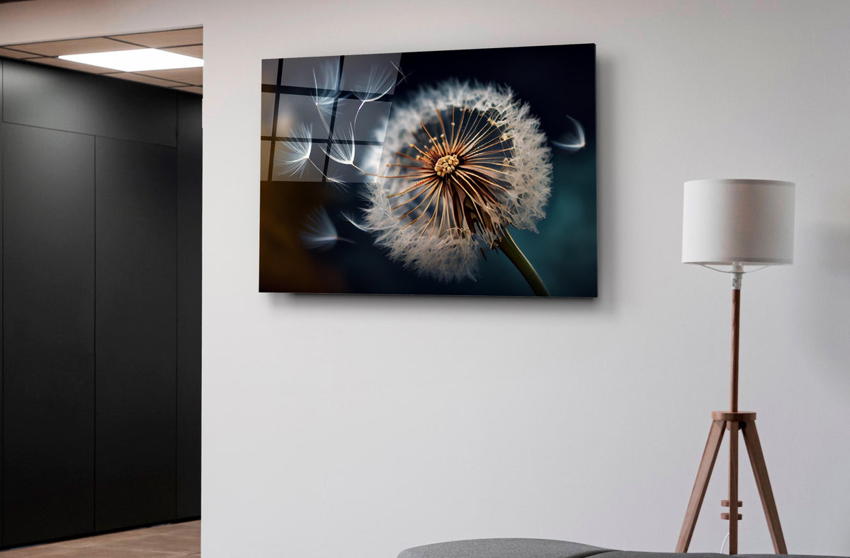 Dandelion Seeds in the Wind Glass Wall Art on the wall