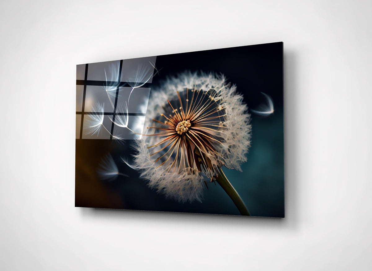 Dandelion Seeds in the Wind Glass Wall Art close-up