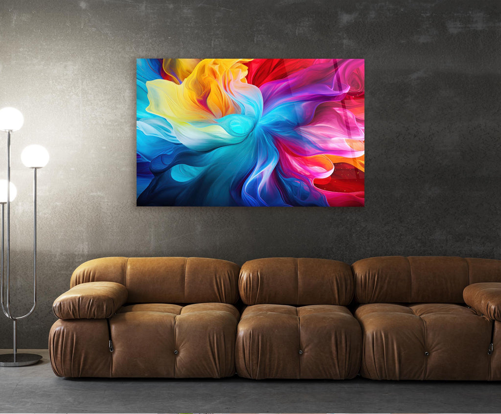 Rainbow Silk Swirl Abstract Glass Wall Art in a living room interior