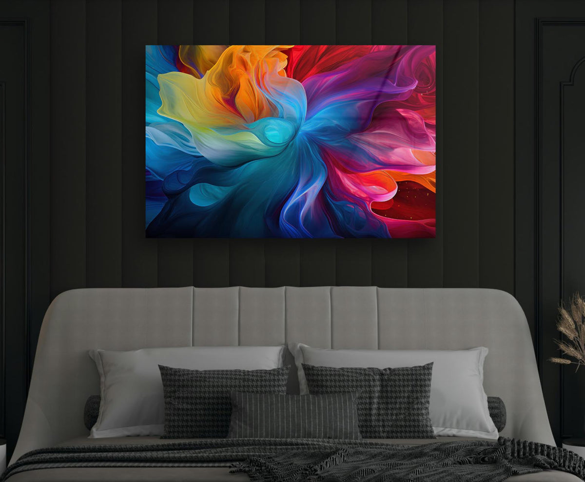Rainbow Silk Swirl Abstract Glass Wall Art in a modern interior