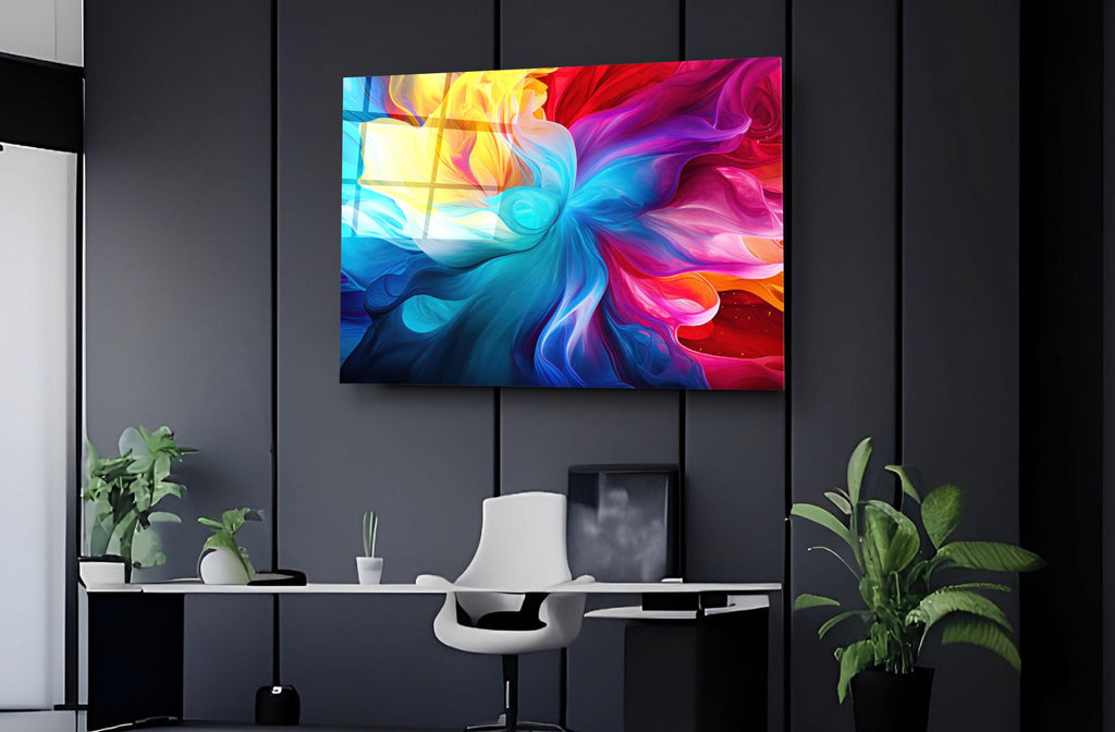 Rainbow Silk Swirl Abstract Glass Wall Art on the wall