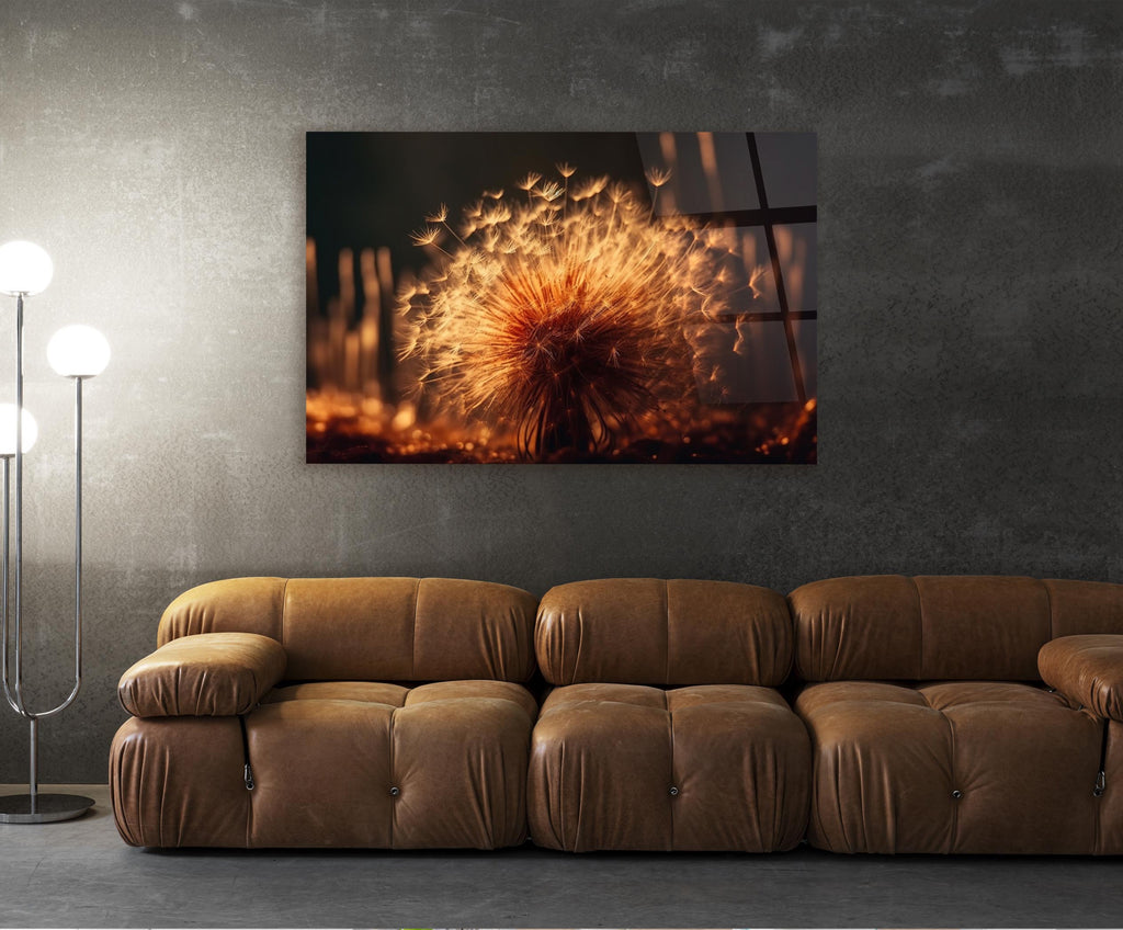 Golden Dandelion Glow Glass Wall Art in a living room interior