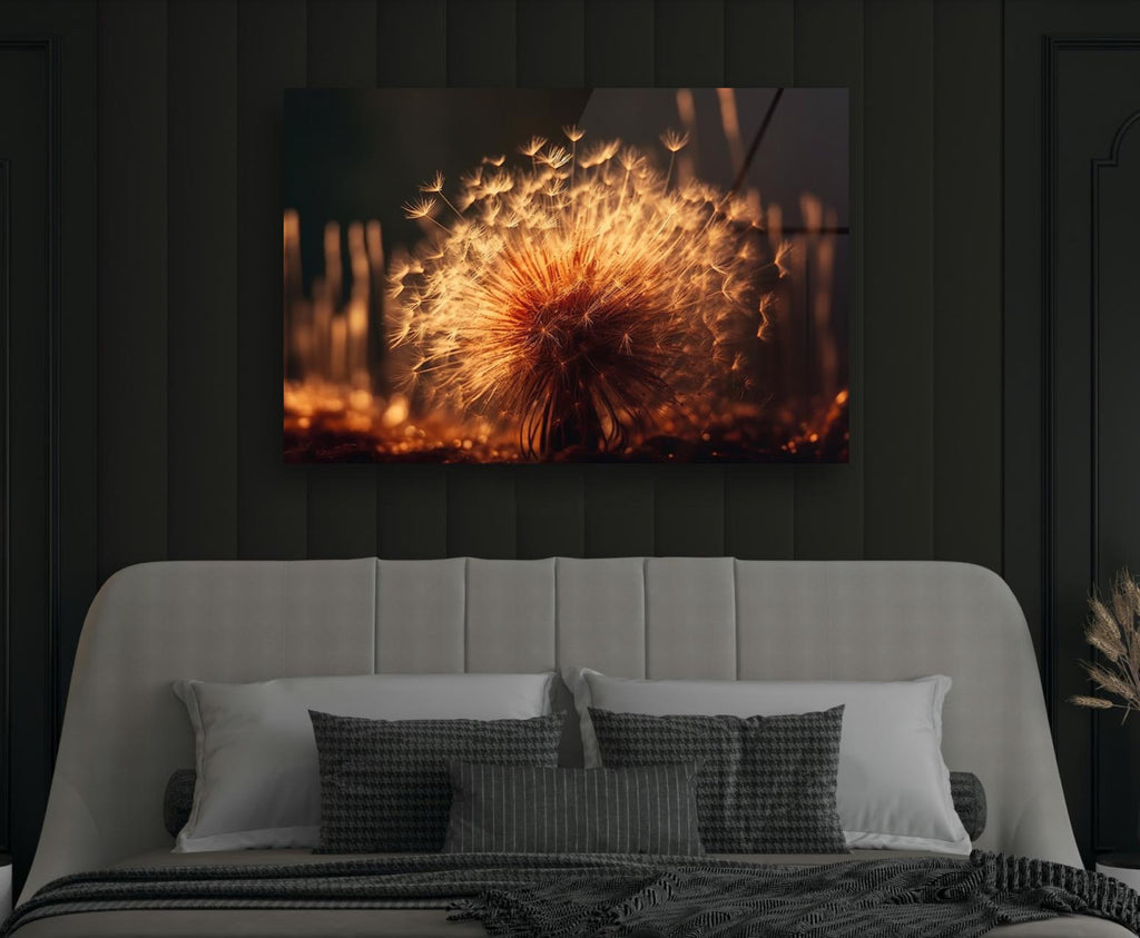 Golden Dandelion Glow Glass Wall Art in a modern interior