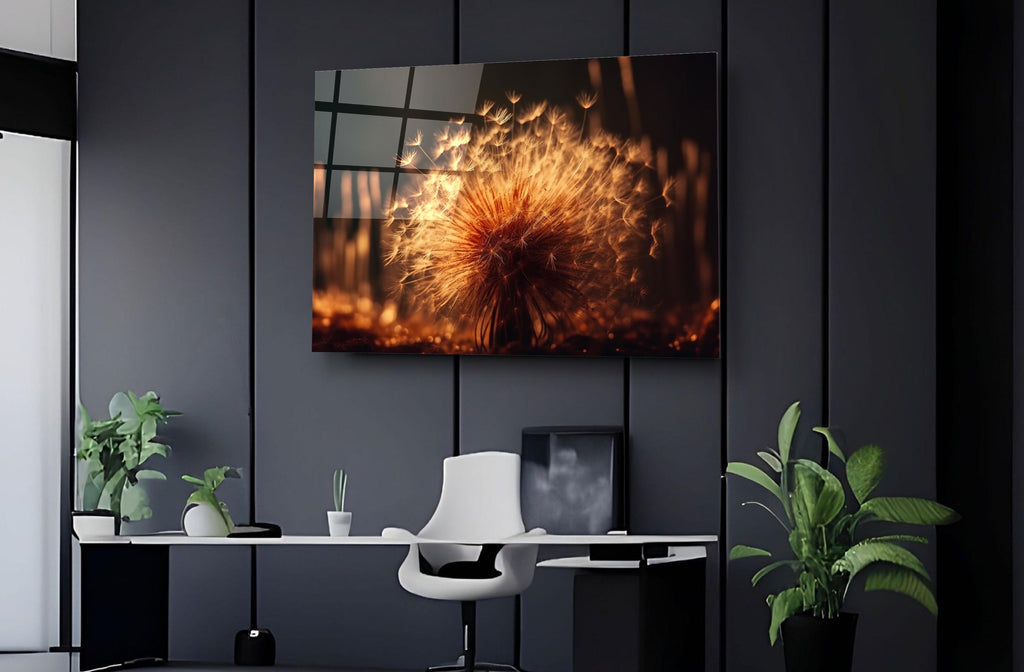 Golden Dandelion Glow Glass Wall Art on the wall