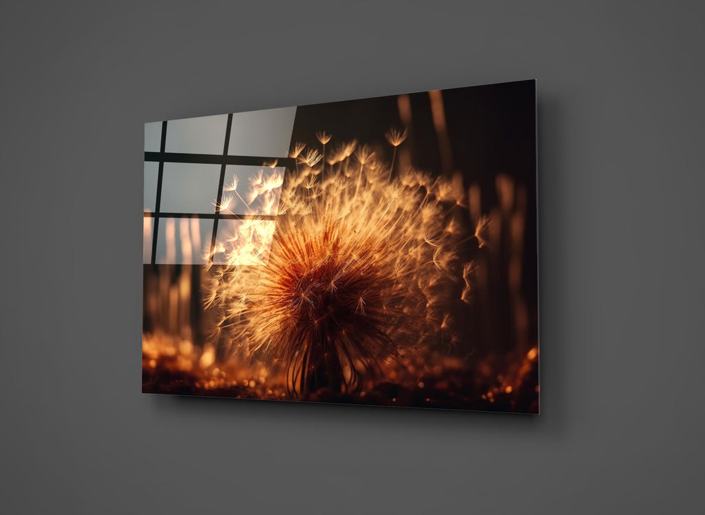 Golden Dandelion Glow Glass Wall Art close-up