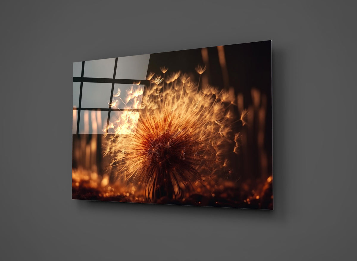 Golden Dandelion Glow Glass Wall Art close-up