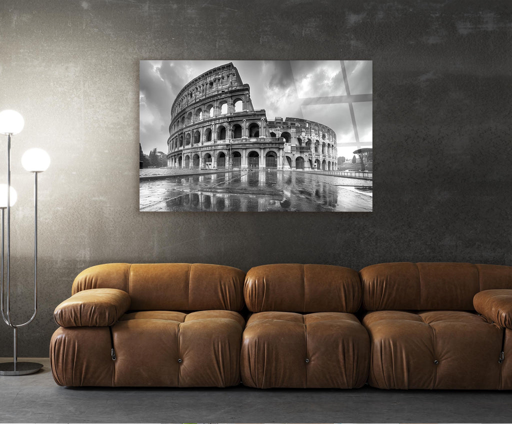 Black and White Colosseum Reflection Glass Wall Art in a living room interior