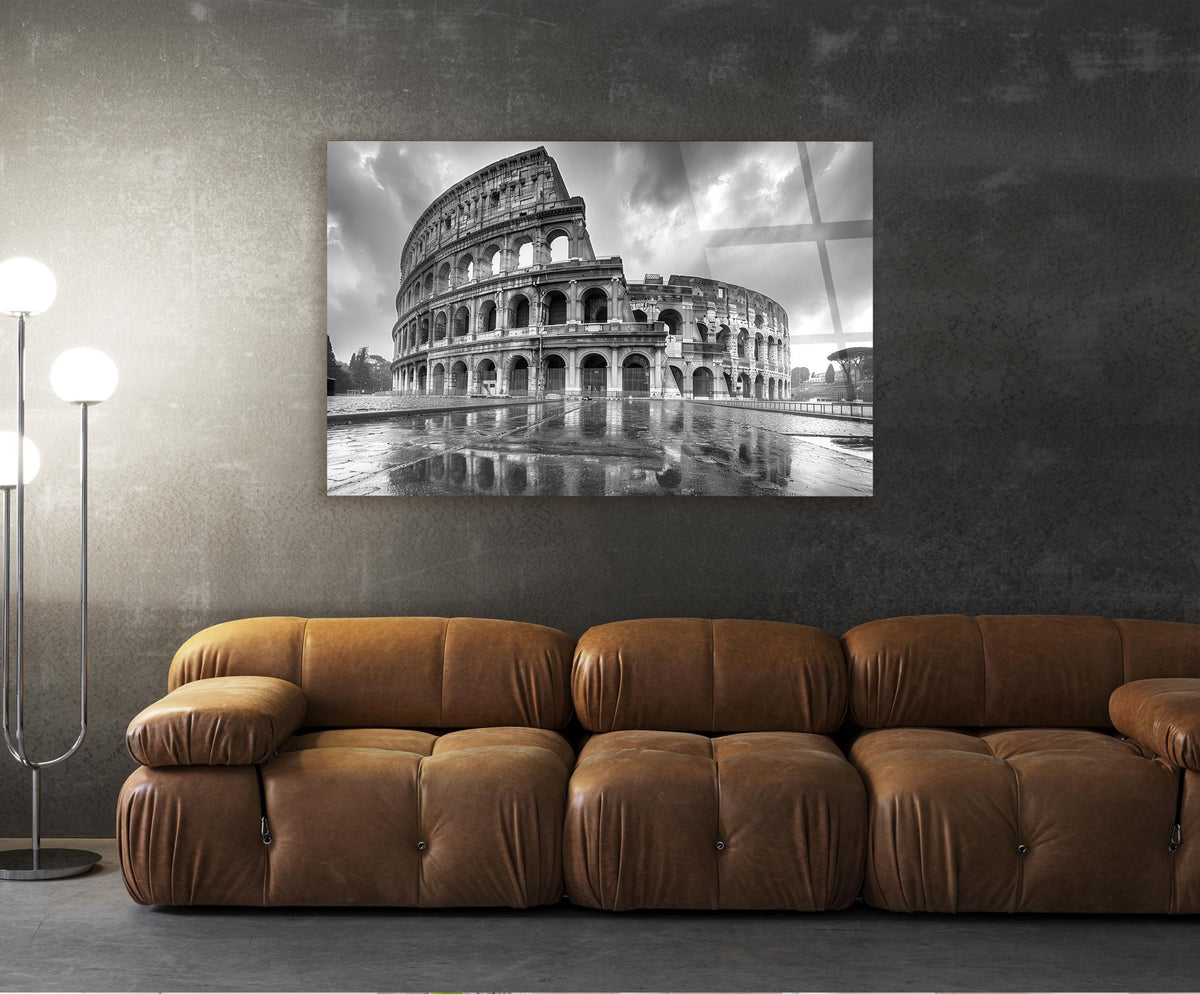 Black and White Colosseum Reflection Glass Wall Art in a living room interior