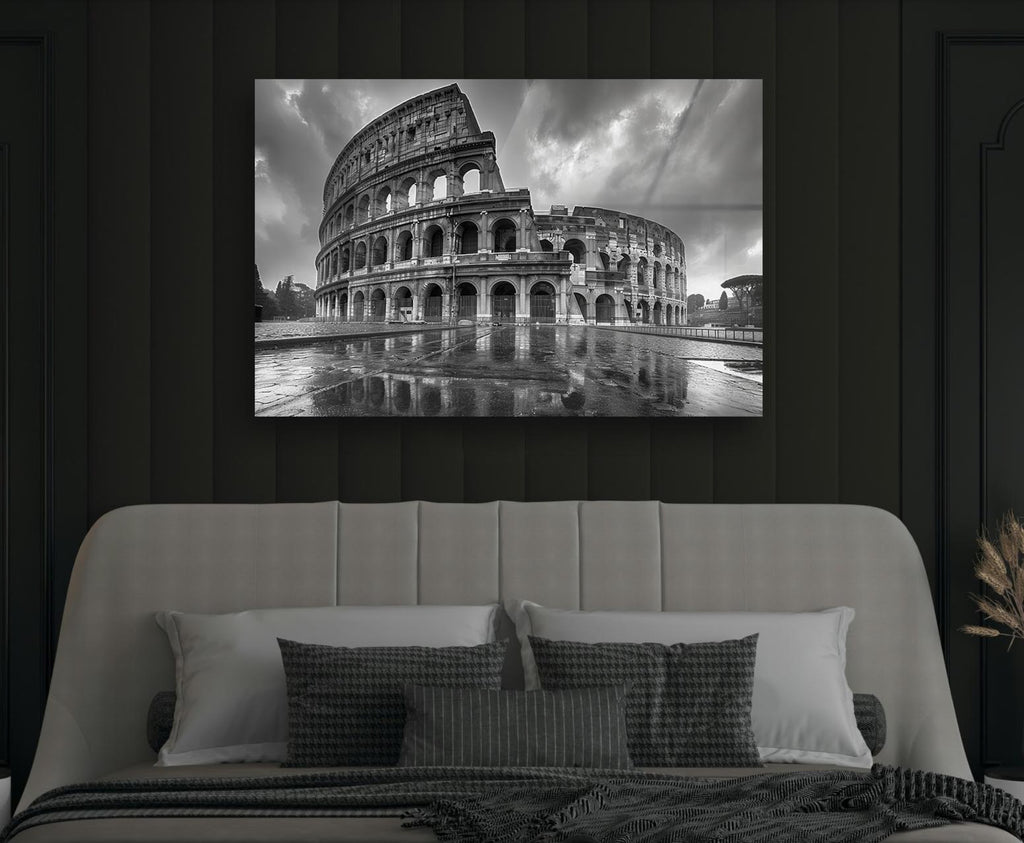 Black and White Colosseum Reflection Glass Wall Art in a modern interior