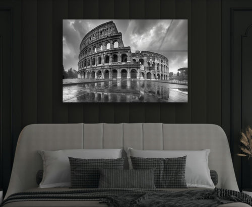 Black and White Colosseum Reflection Glass Wall Art in a modern interior