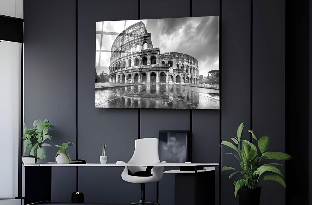 Black and White Colosseum Reflection Glass Wall Art on the wall