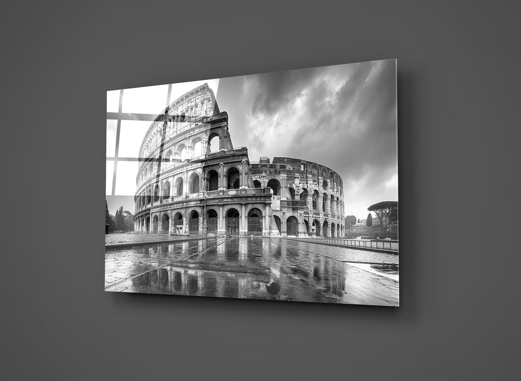 Black and White Colosseum Reflection Glass Wall Art close-up