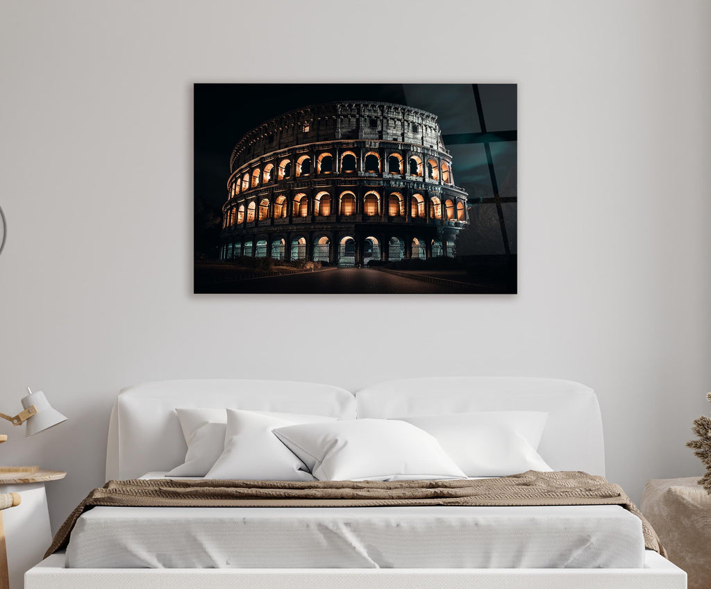 Colosseum at Night Glass Wall Art in a living room interior