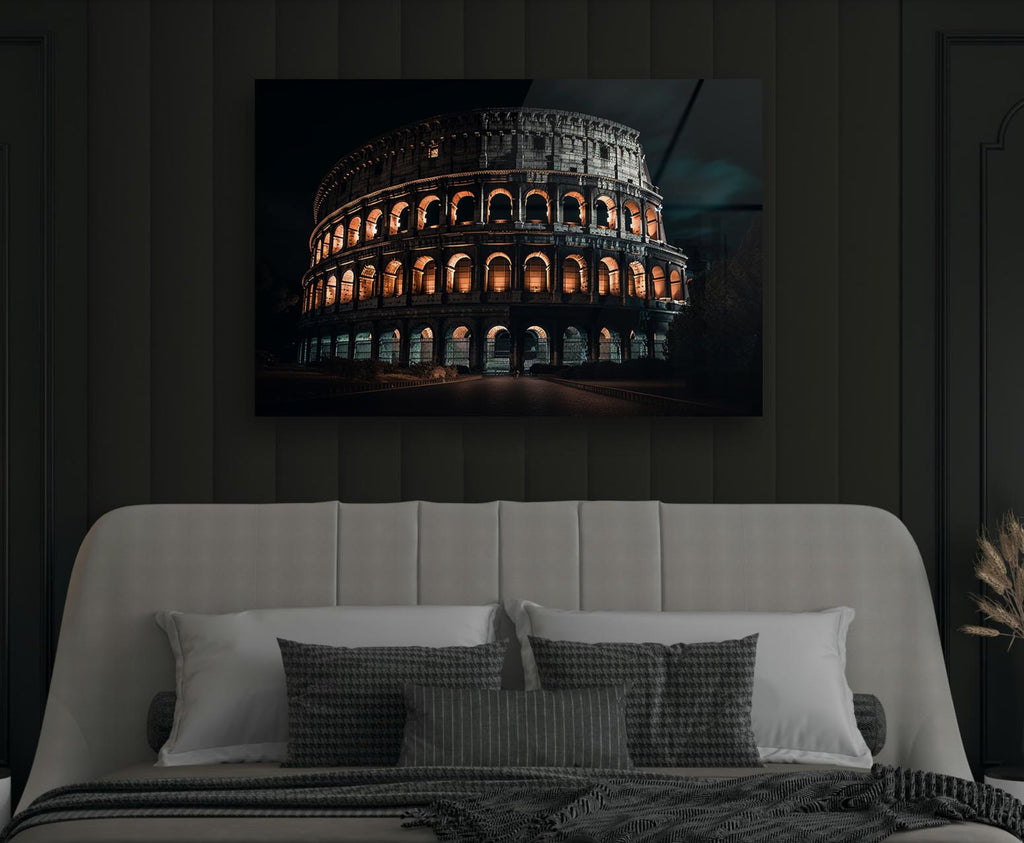 Colosseum at Night Glass Wall Art in a modern interior