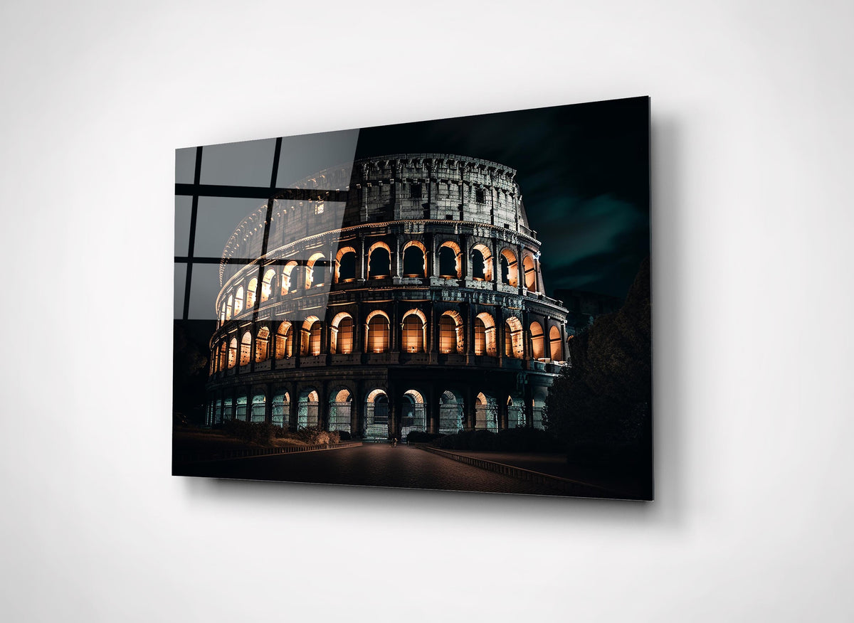 Colosseum at Night Glass Wall Art close-up