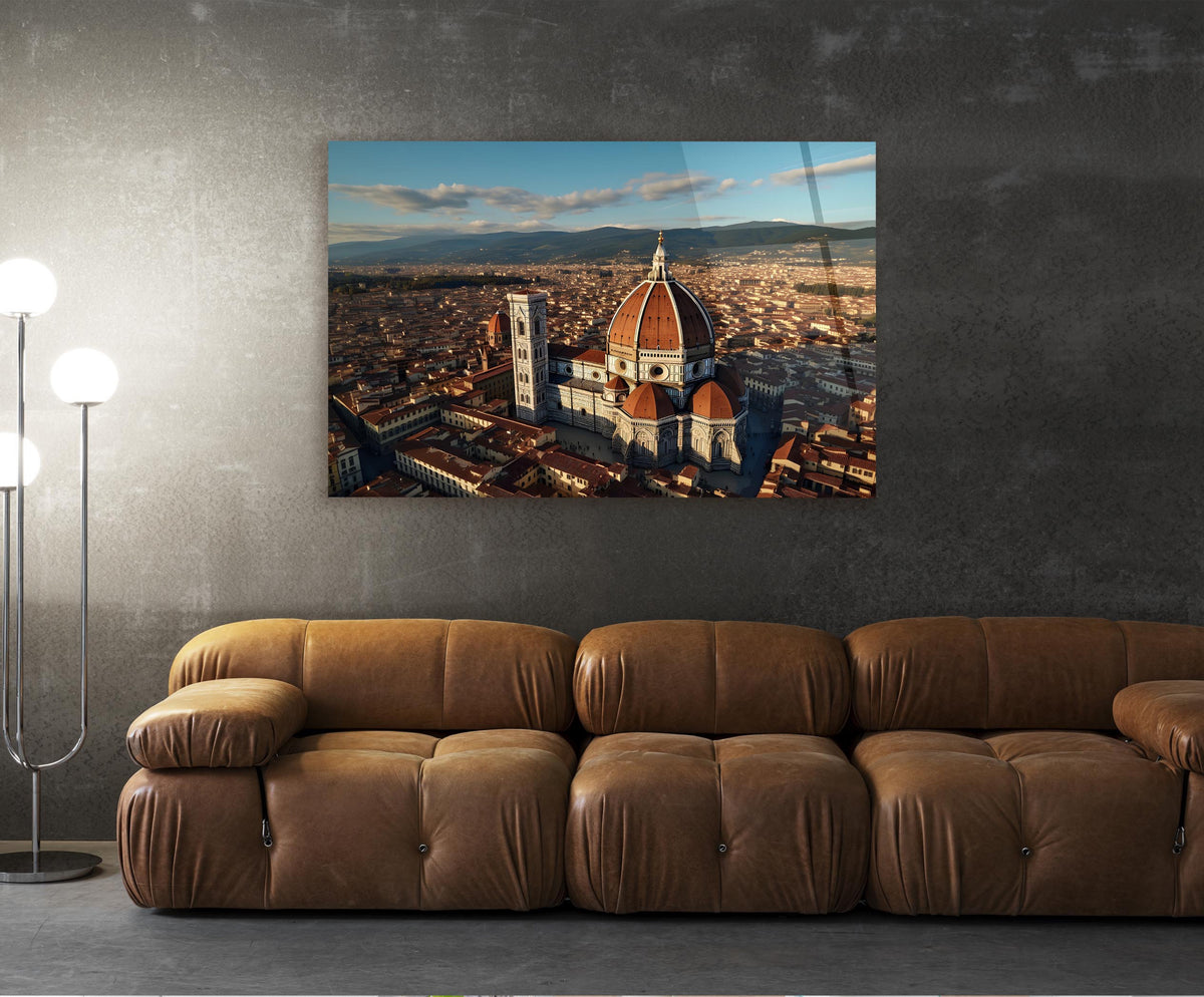 Florence Duomo Aerial View Glass Wall Art in a living room interior