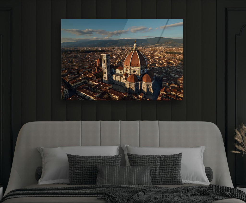 Florence Duomo Aerial View Glass Wall Art in a modern interior