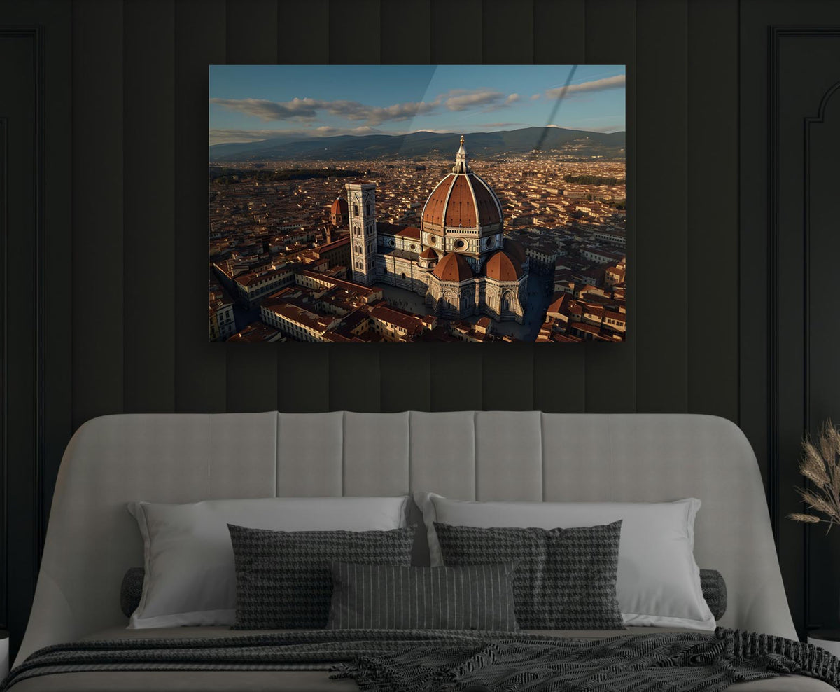 Florence Duomo Aerial View Glass Wall Art in a modern interior