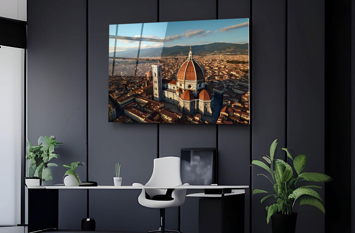Florence Duomo Aerial View Glass Wall Art on the wall