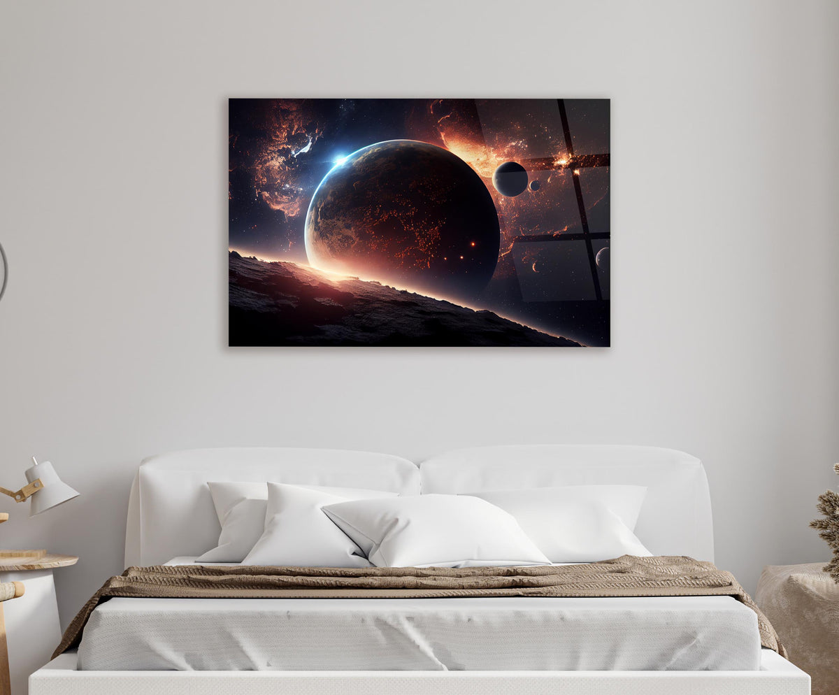 Crimson Planet Eclipse Space Glass Wall Art in a living room interior