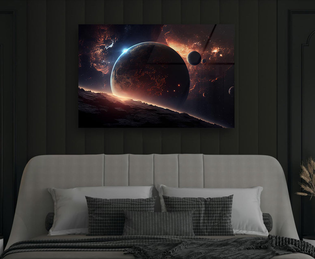 Crimson Planet Eclipse Space Glass Wall Art in a modern interior