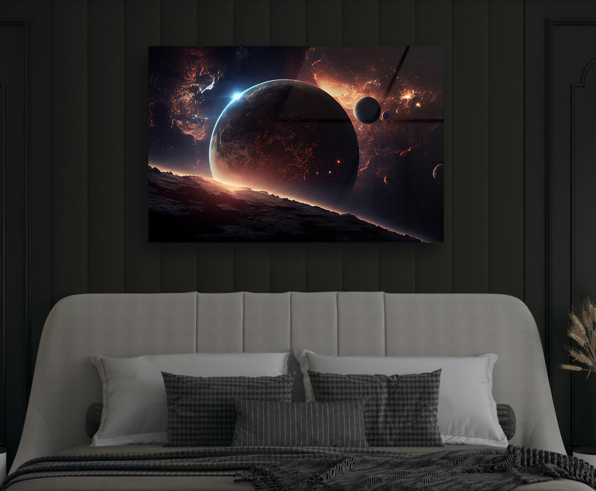 Crimson Planet Eclipse Space Glass Wall Art in a modern interior