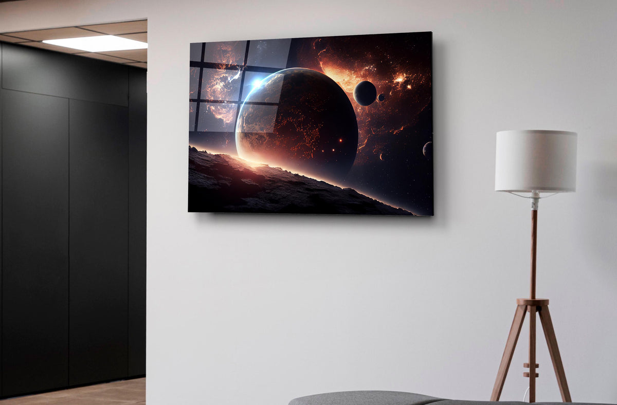 Crimson Planet Eclipse Space Glass Wall Art on the wall
