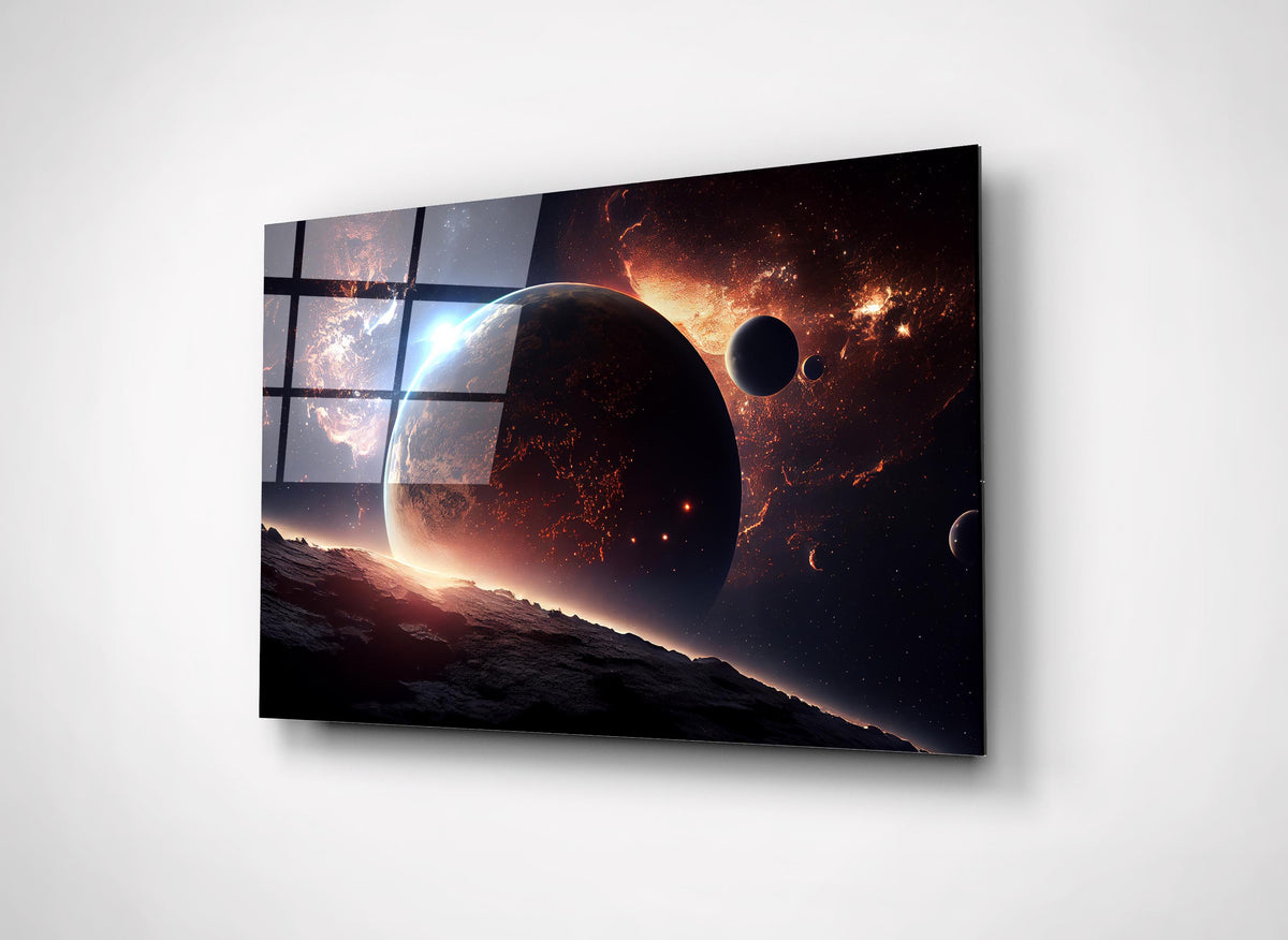 Crimson Planet Eclipse Space Glass Wall Art close-up