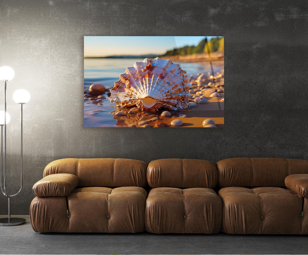 Seashell on a Sunlit Beach Glass Wall Art in a living room interior