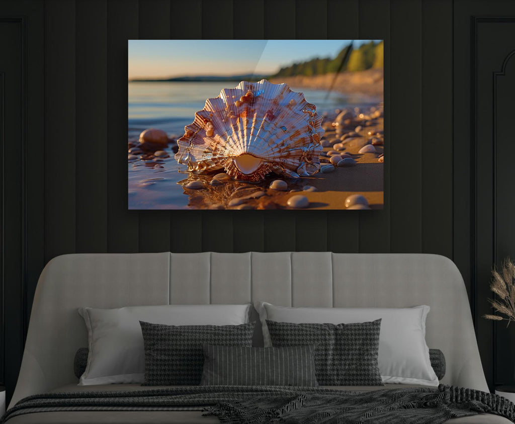 Seashell on a Sunlit Beach Glass Wall Art in a modern interior
