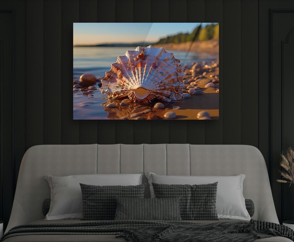 Seashell on a Sunlit Beach Glass Wall Art in a modern interior