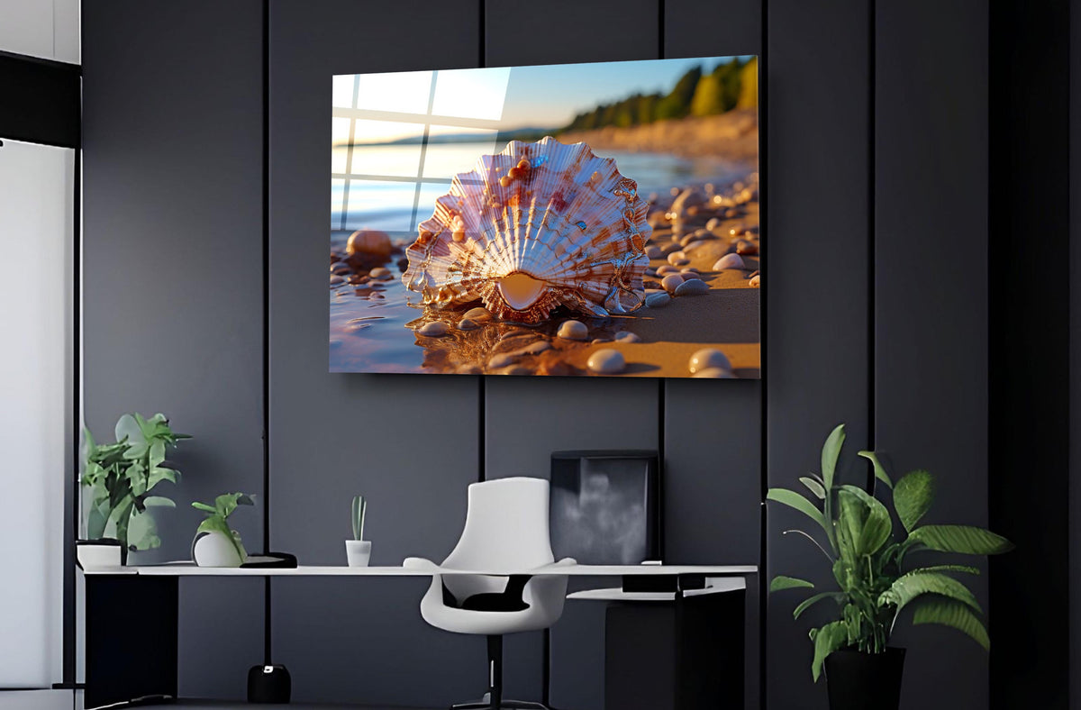Seashell on a Sunlit Beach Glass Wall Art on the wall