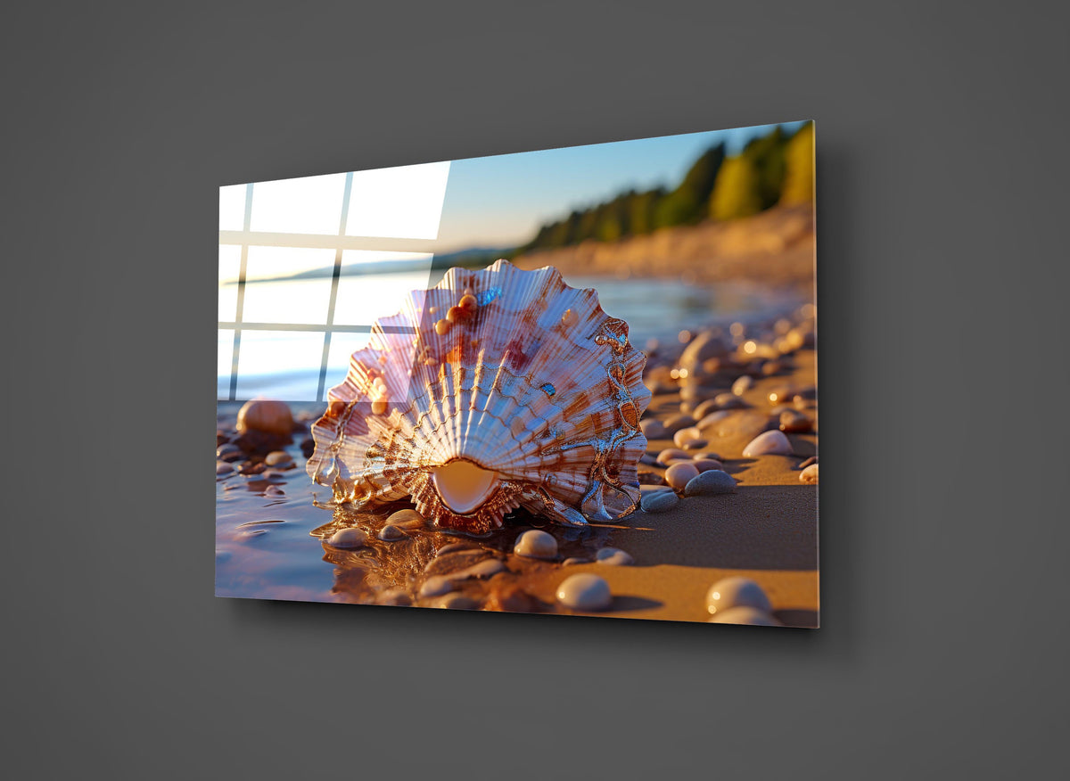 Seashell on a Sunlit Beach Glass Wall Art close-up