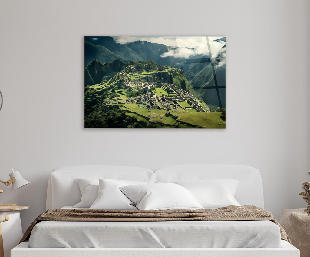 Machu Picchu Mountain Ruins Glass Wall Art in a living room interior