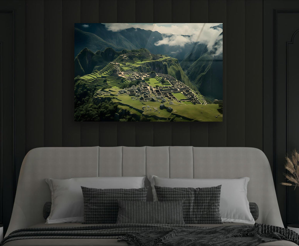 Machu Picchu Mountain Ruins Glass Wall Art in a modern interior
