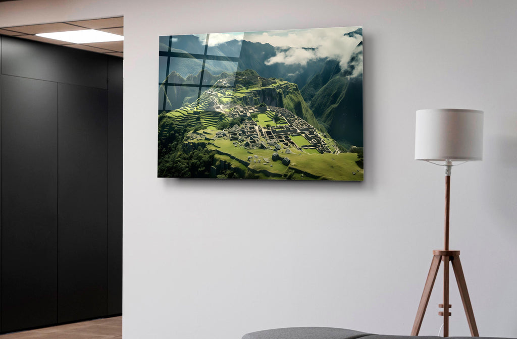 Machu Picchu Mountain Ruins Glass Wall Art on the wall