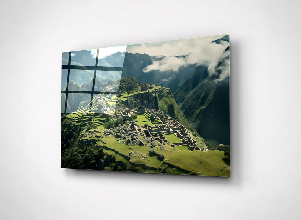 Machu Picchu Mountain Ruins Glass Wall Art close-up