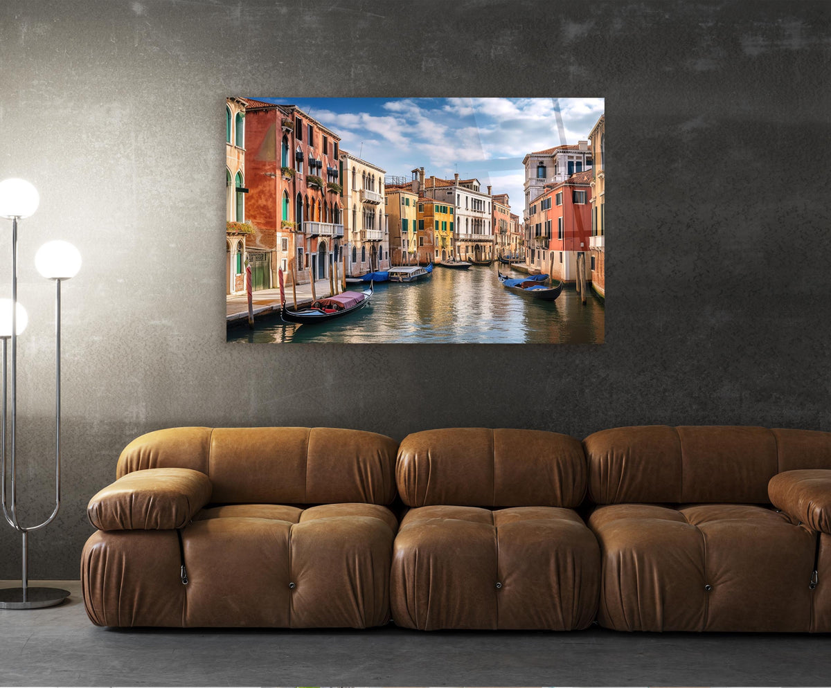 Venice Canal with Gondolas Glass Wall Art in a living room interior